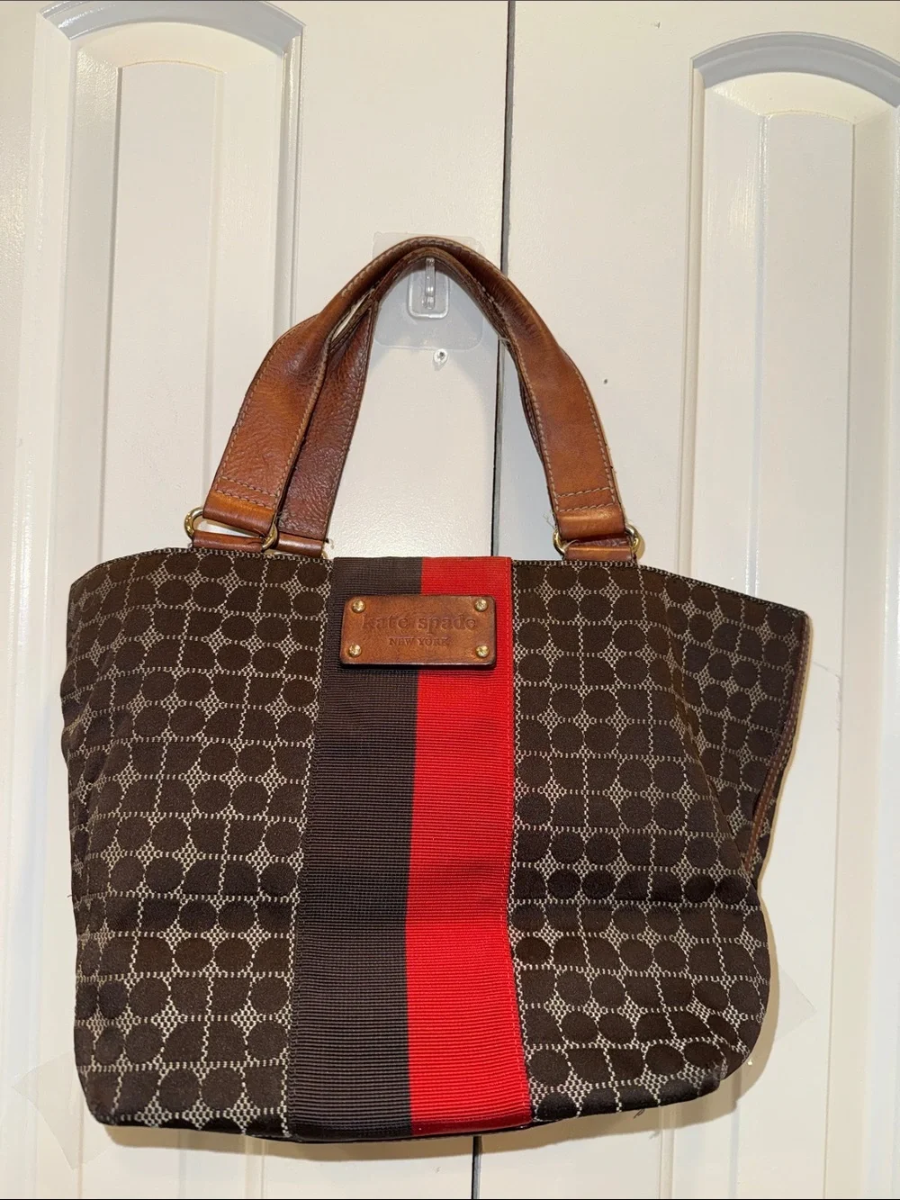 kate spade Brown Canvas Tote with Red & Black‎ Center Stripe